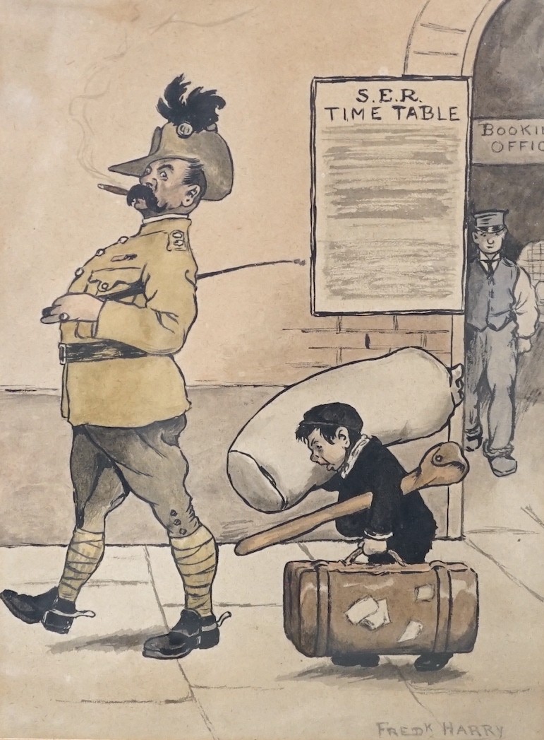 Frederick Harry (1887-1930), set of four ink and watercolour cartoons, signed, 24 x 18cm